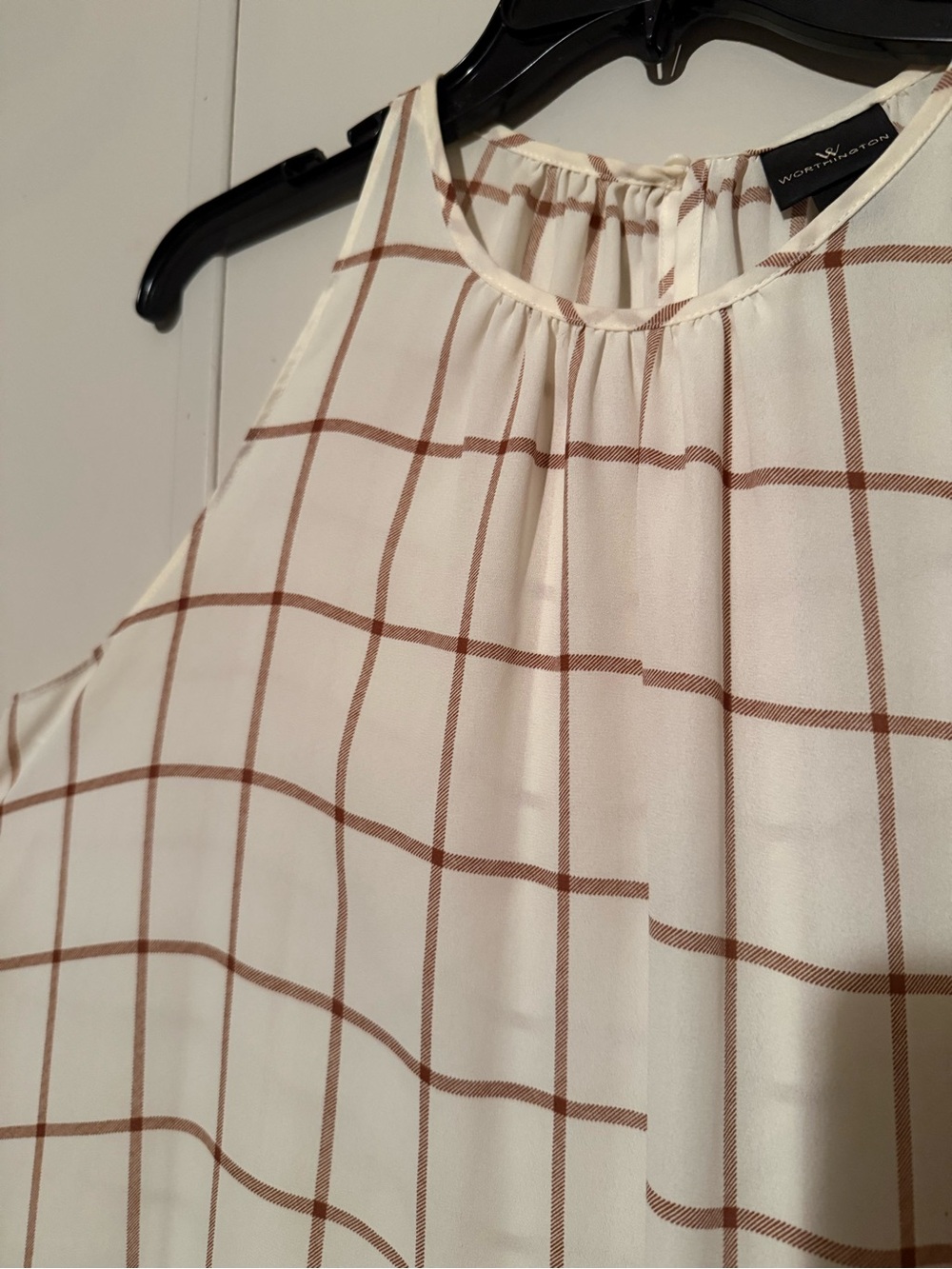 Worthington Cream and Brown Windowpane Sleeveless Blouse